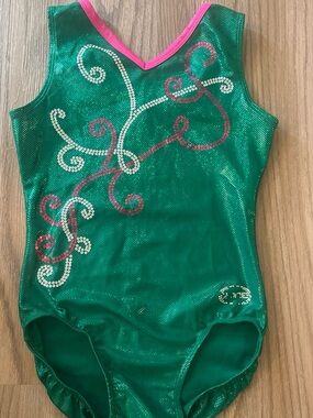 AXS Ozone Girls Green Sequin gymnastics Leotard with Pink Trim